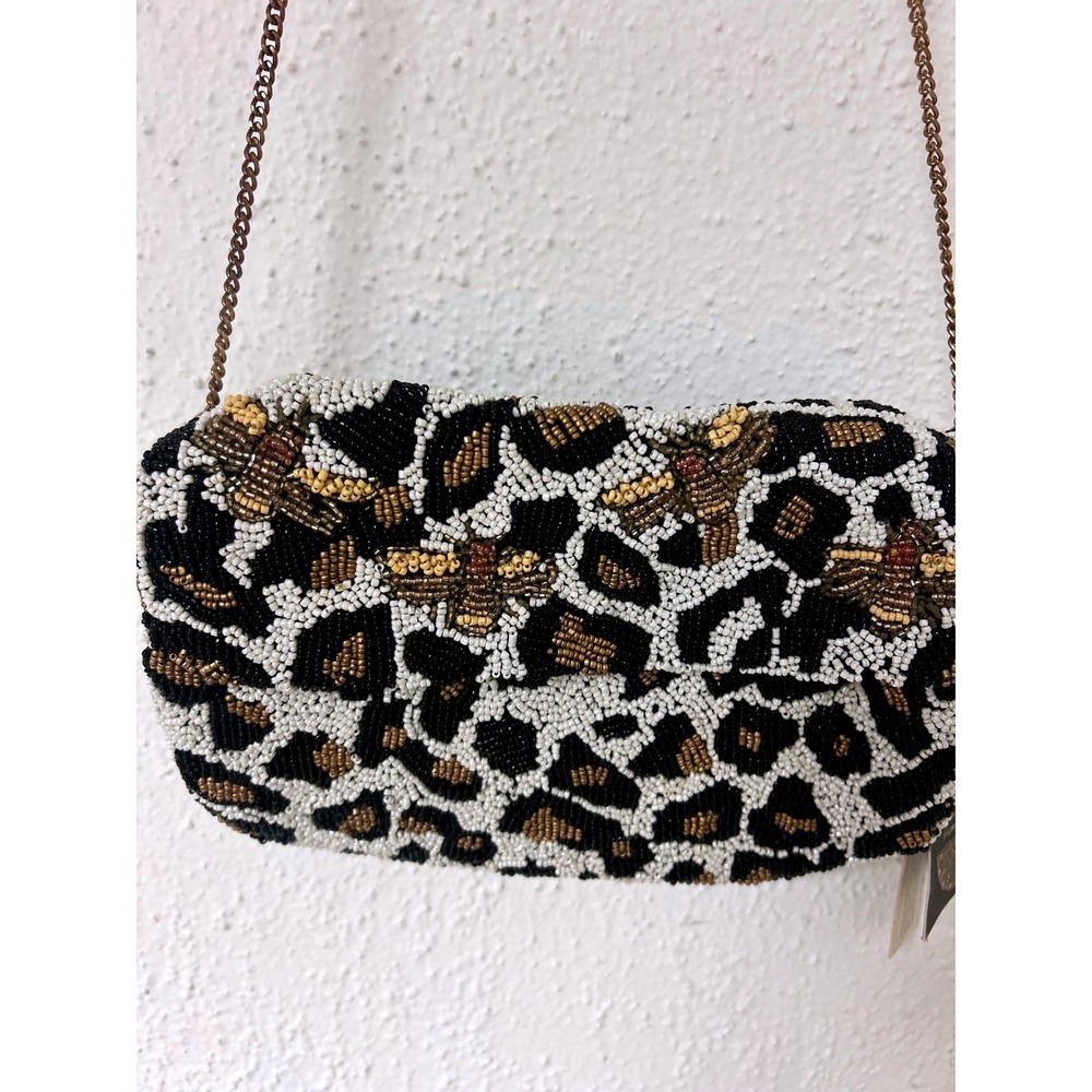 From India To You Beaded Leopard Print Bee Crossbody Bag Gold Chain Strap NWT